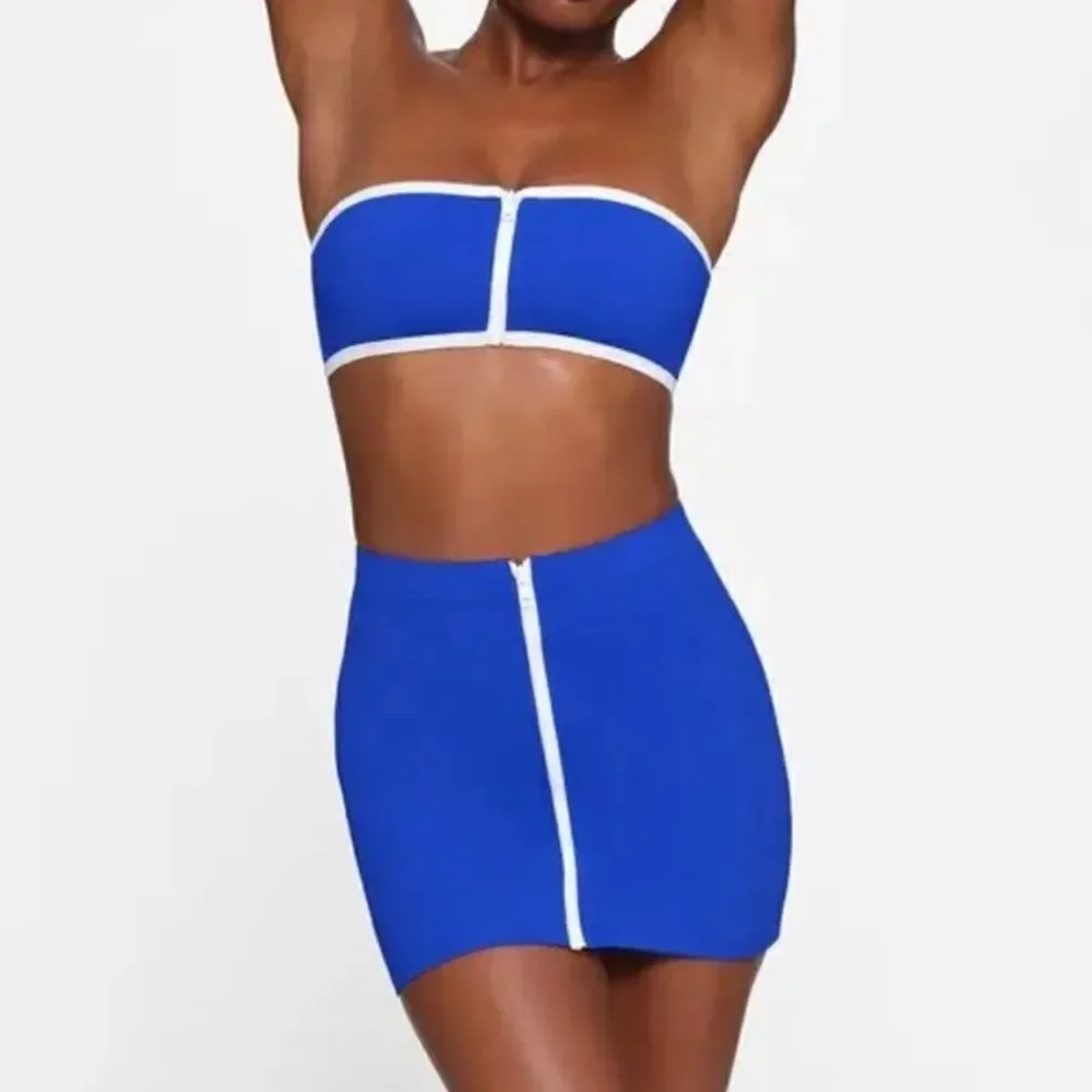 NWT SKIMS Sporty Zipper Swim Cobalt Blue Mini Swim Bottom Skirt